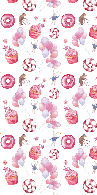 Store occultant fenêtre avec ballons roses, beignets et lapins