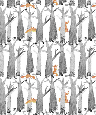 Store fenêtre intérieur avec arbres gris et renards roux