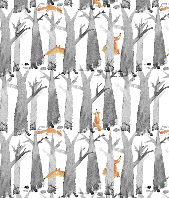 Store fenêtre intérieur avec arbres gris et renards roux