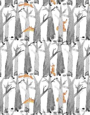 Store fenêtre intérieur avec arbres gris et renards roux