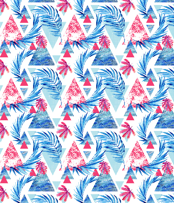 Store fenêtre intérieur avec feuilles bleues et triangles