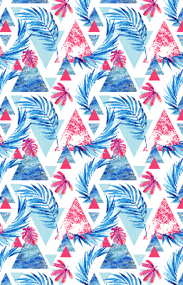 Store fenêtre intérieur avec feuilles bleues et triangles