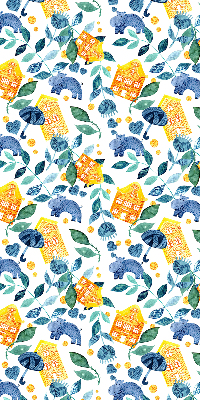 Store fenêtre intérieur pour maisons jaunes avec des plantes bleues