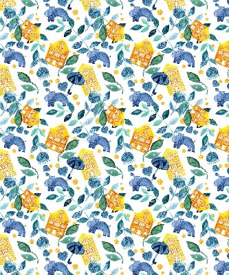 Store fenêtre intérieur pour maisons jaunes avec des plantes bleues
