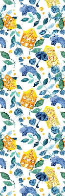 Store fenêtre intérieur pour maisons jaunes avec des plantes bleues
