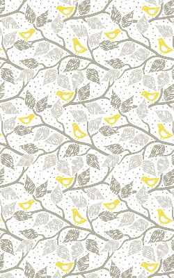 Store fenêtre intérieur avec des oiseaux jaunes sur des branches grises