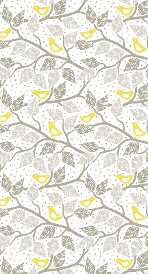 Store fenêtre intérieur avec des oiseaux jaunes sur des branches grises