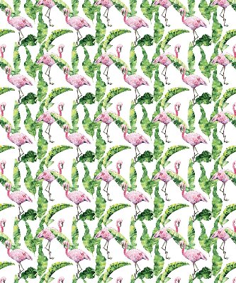 Store fenêtre intérieur pour flamants roses près des feuilles