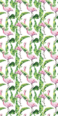 Store fenêtre intérieur pour flamants roses près des feuilles