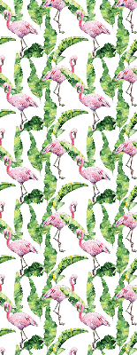 Store fenêtre intérieur pour flamants roses près des feuilles
