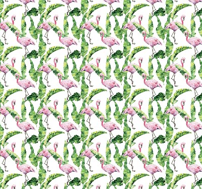 Store fenêtre intérieur pour flamants roses près des feuilles