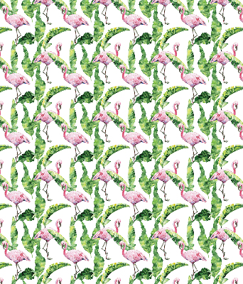 Store fenêtre intérieur pour flamants roses près des feuilles