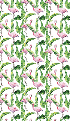 Store fenêtre intérieur pour flamants roses près des feuilles