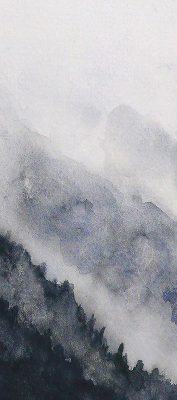 Store occultant fenêtre montagnes brumeuses