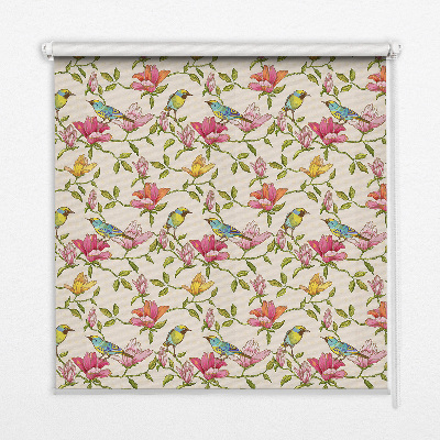 Store occultant fenetre avec motif d'oiseaux sur les fleurs