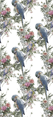 Store fenêtre intérieur avec des perroquets sur des fleurs