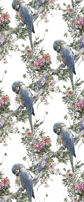 Store fenêtre intérieur avec des perroquets sur des fleurs