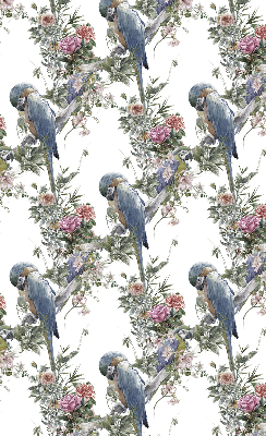Store fenêtre intérieur avec des perroquets sur des fleurs
