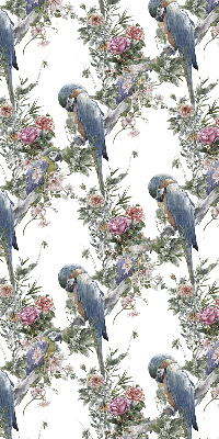 Store fenêtre intérieur avec des perroquets sur des fleurs
