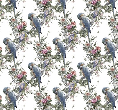Store fenêtre intérieur avec des perroquets sur des fleurs