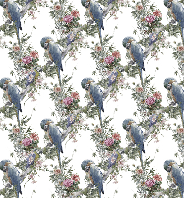 Store fenêtre intérieur avec des perroquets sur des fleurs