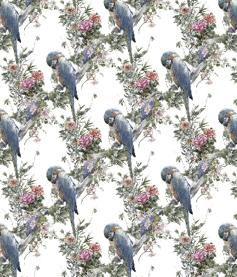 Store fenêtre intérieur avec des perroquets sur des fleurs