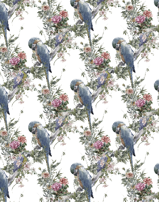 Store fenêtre intérieur avec des perroquets sur des fleurs