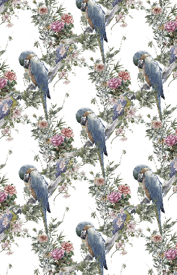Store fenêtre intérieur avec des perroquets sur des fleurs