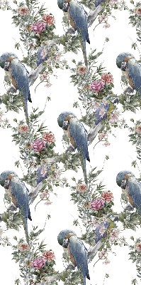 Store fenêtre intérieur avec des perroquets sur des fleurs