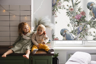 Store fenêtre intérieur avec des perroquets sur des fleurs