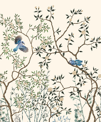 Store fenêtre intérieur avec motif d'oiseaux sur un arbre