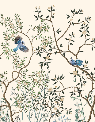 Store fenêtre intérieur avec motif d'oiseaux sur un arbre