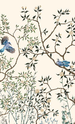 Store fenêtre intérieur avec motif d'oiseaux sur un arbre
