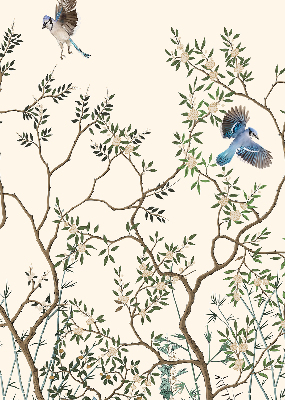 Store fenêtre intérieur avec motif d'oiseaux sur un arbre