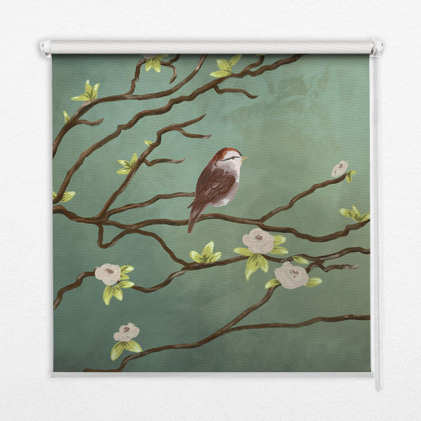 Store enrouleur occultant avec motif d'oiseaux sur une branche