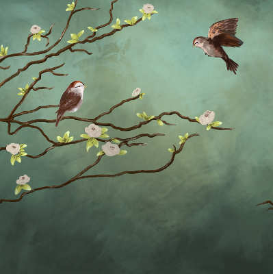 Store enrouleur occultant avec motif d'oiseaux sur une branche