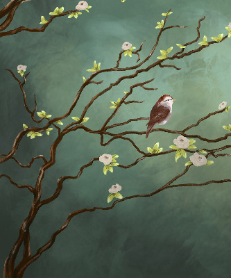 Store enrouleur occultant avec motif d'oiseaux sur une branche