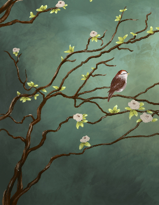 Store enrouleur occultant avec motif d'oiseaux sur une branche