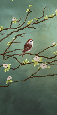 Store enrouleur occultant avec motif d'oiseaux sur une branche