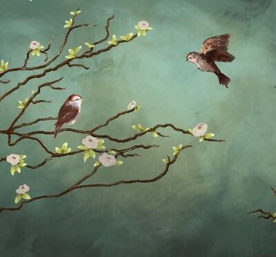 Store enrouleur occultant avec motif d'oiseaux sur une branche