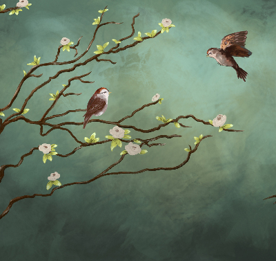 Store enrouleur occultant avec motif d'oiseaux sur une branche