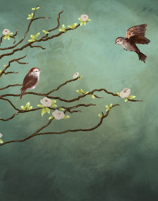 Store enrouleur occultant avec motif d'oiseaux sur une branche
