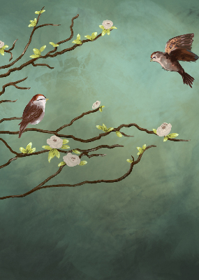 Store enrouleur occultant avec motif d'oiseaux sur une branche