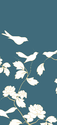 Store occultant fenêtre avec oiseaux blancs sur des fleurs blanches