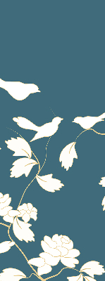 Store occultant fenêtre avec oiseaux blancs sur des fleurs blanches
