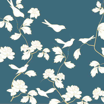 Store occultant fenêtre avec oiseaux blancs sur des fleurs blanches