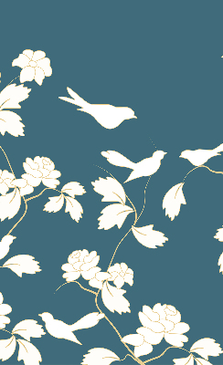 Store occultant fenêtre avec oiseaux blancs sur des fleurs blanches