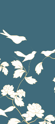Store occultant fenêtre avec oiseaux blancs sur des fleurs blanches