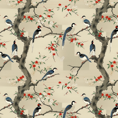 Store enrouleur occultant avec motif d'oiseaux sur un arbre