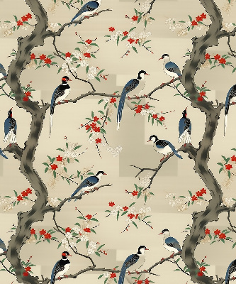 Store enrouleur occultant avec motif d'oiseaux sur un arbre